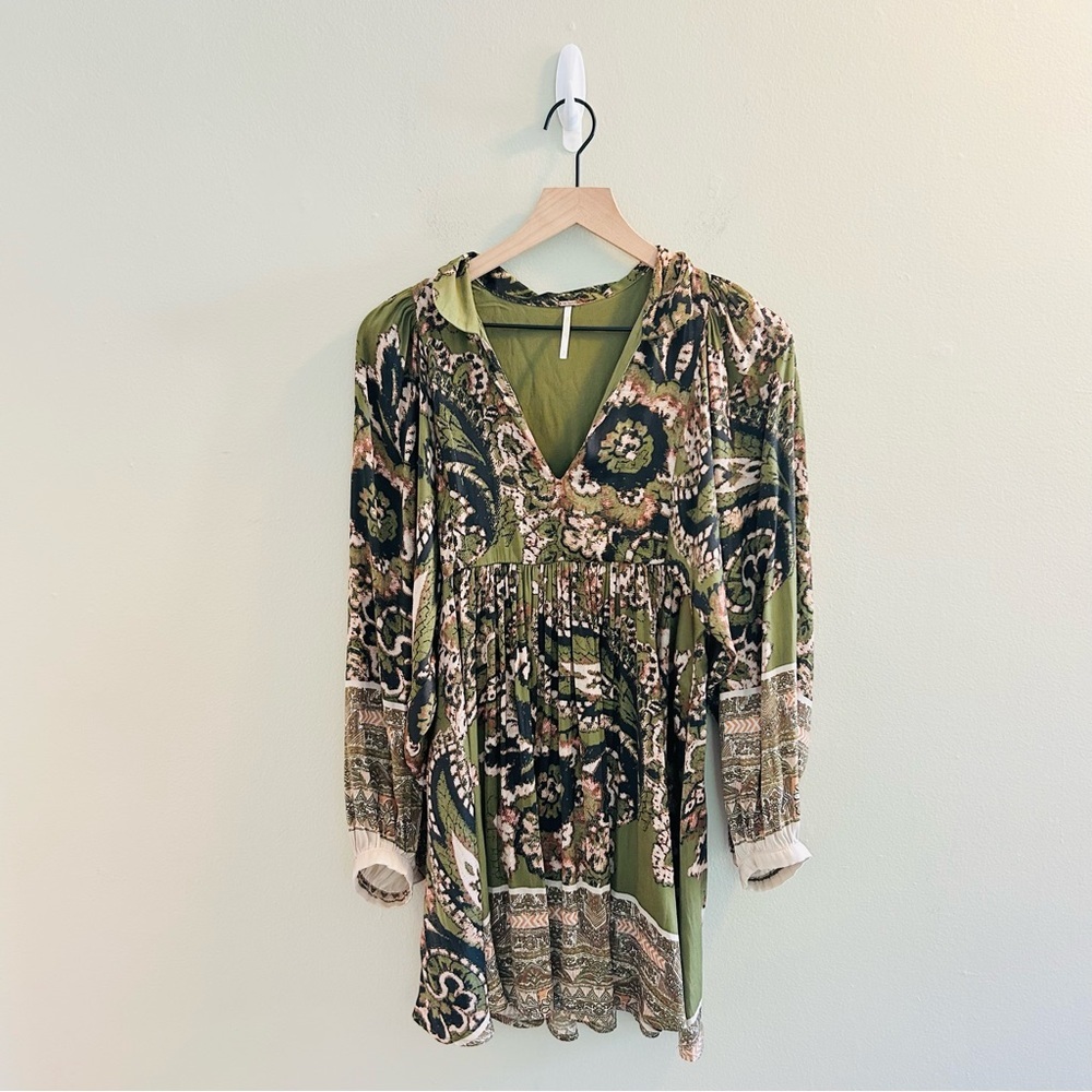 Free People Say You Love Me Mini Shirt Dress Size Small Green Boho Peasant Fall - Picture 2 of 11